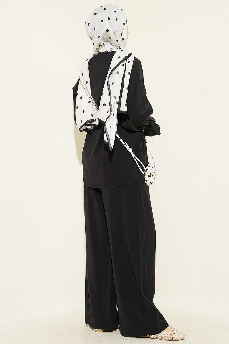 Tencel Two-Piece Set with Rivet Buttons and Elastic Cuffs - Black