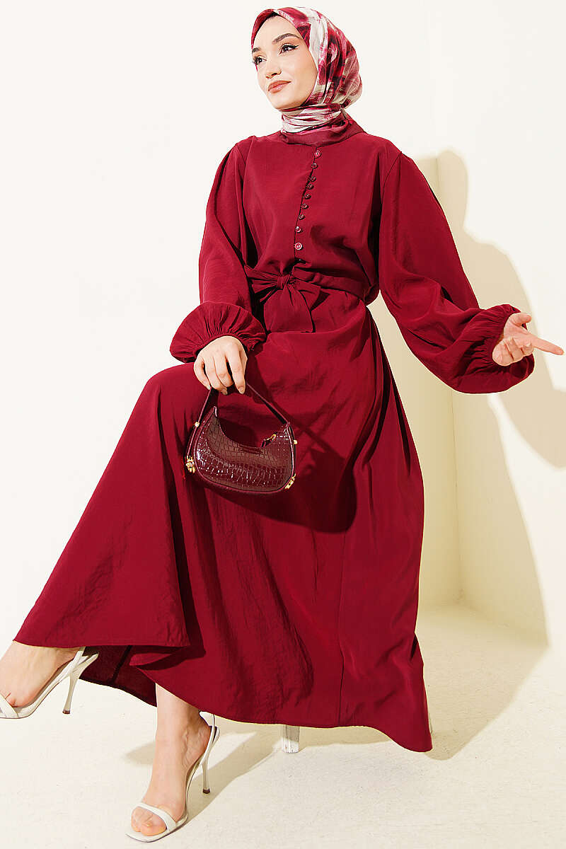 Modal Blouse and Skirt Set with Rivet Buttons - Burgundy