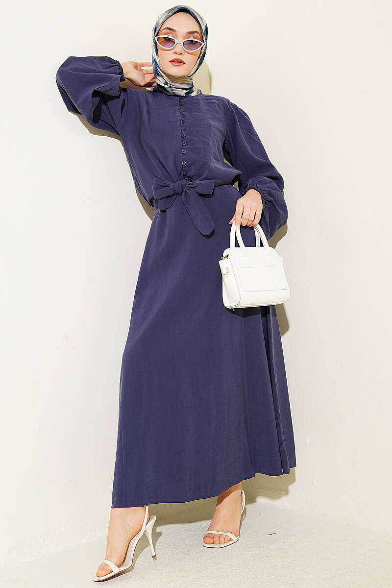 Modal Blouse and Skirt Set with Rivet Buttons - Navy