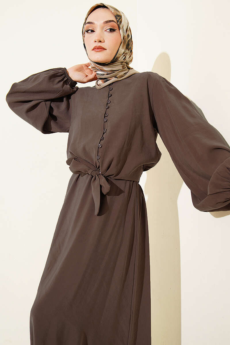 Modal Blouse and Skirt Set with Rivet Buttons - Mink