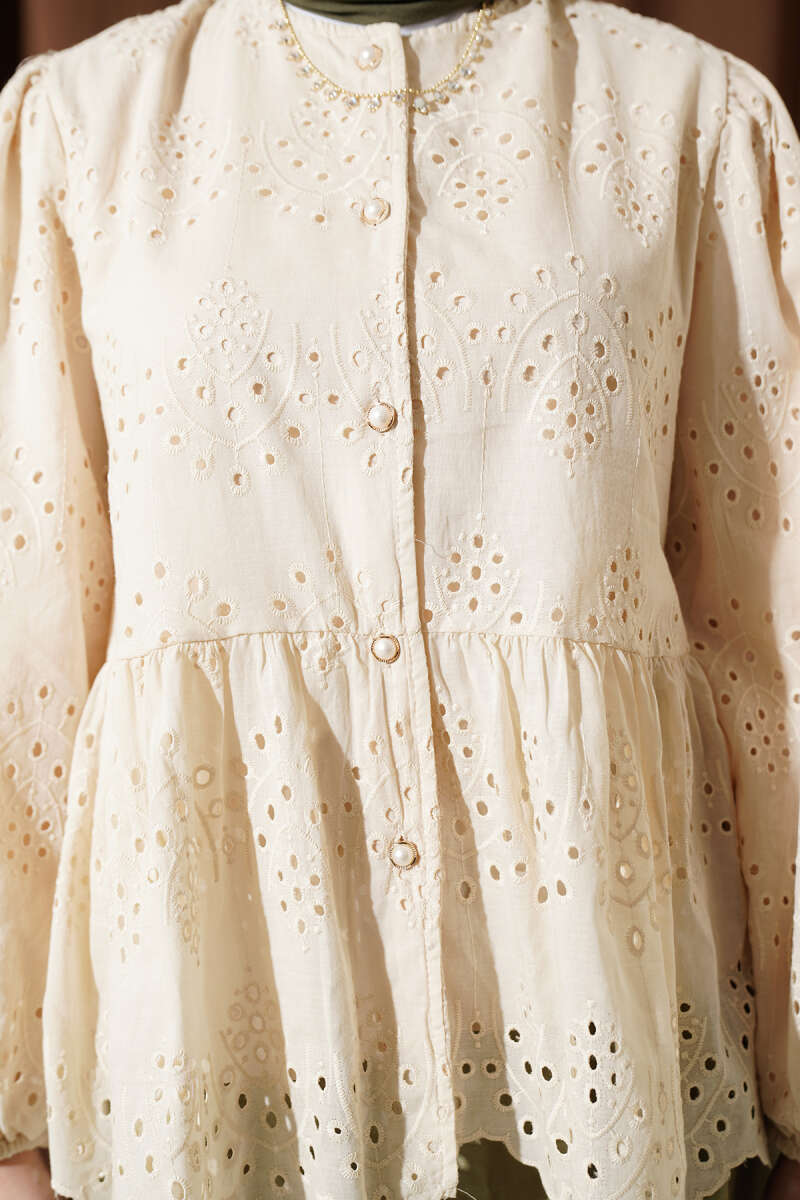 Embroidered Shirt with Rivet Buttons - Beige
