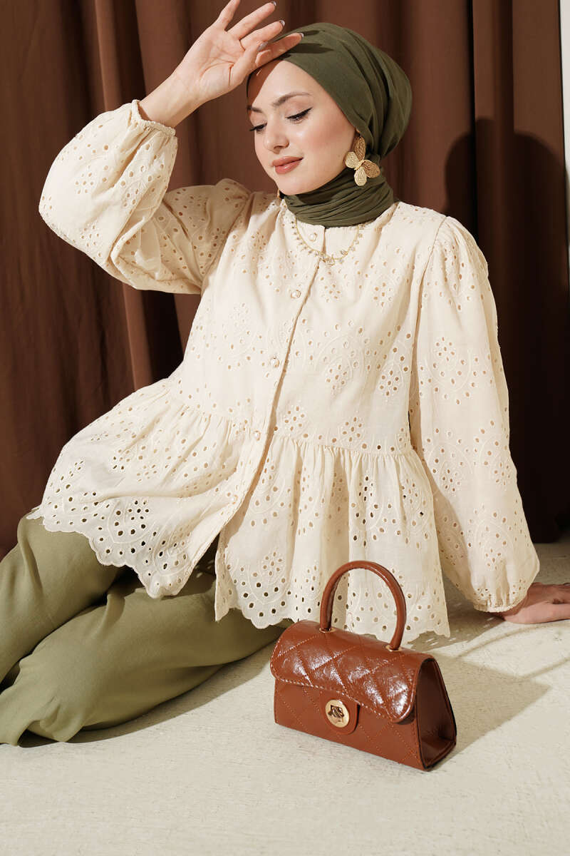 Embroidered Shirt with Rivet Buttons - Beige