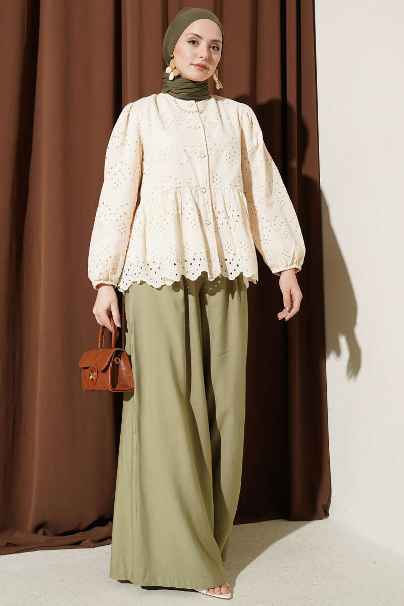 Embroidered Shirt with Rivet Buttons - Beige