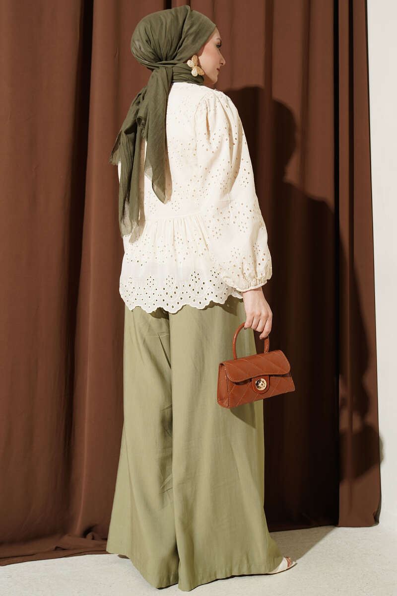 Embroidered Shirt with Rivet Buttons - Beige