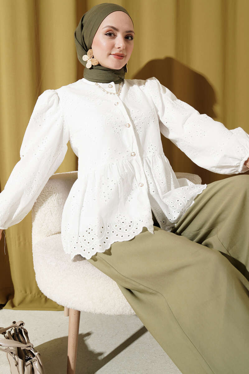 Embroidered Shirt with Rivet Buttons - White