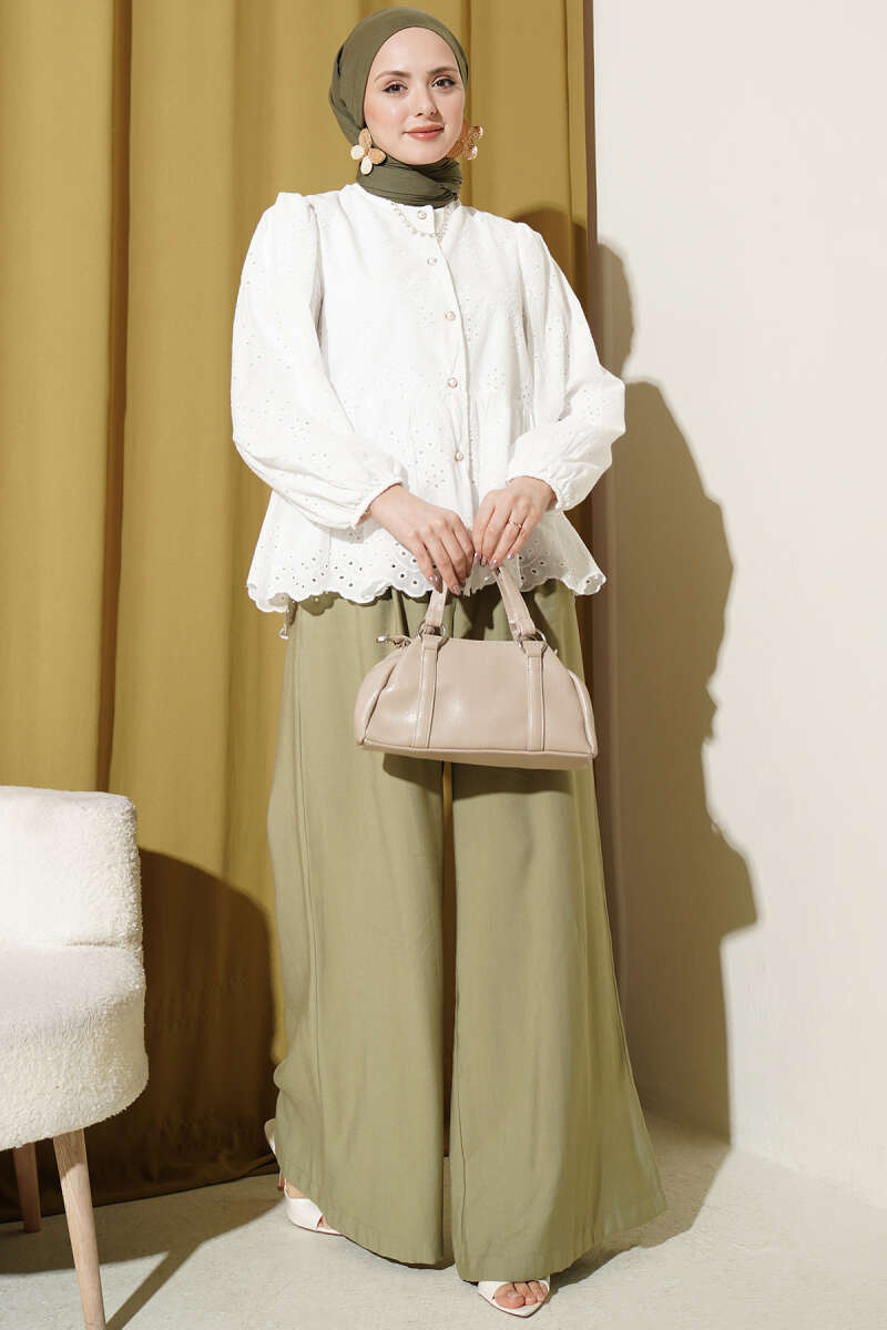 Embroidered Shirt with Rivet Buttons - White
