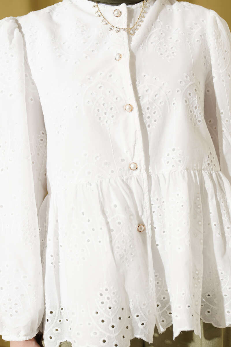 Embroidered Shirt with Rivet Buttons - White