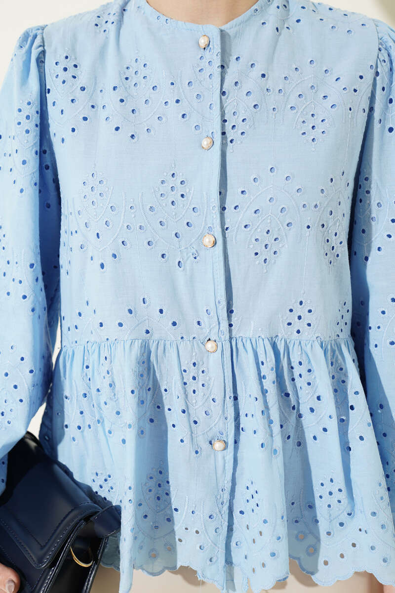 Embroidered Shirt with Rivet Buttons - Blue