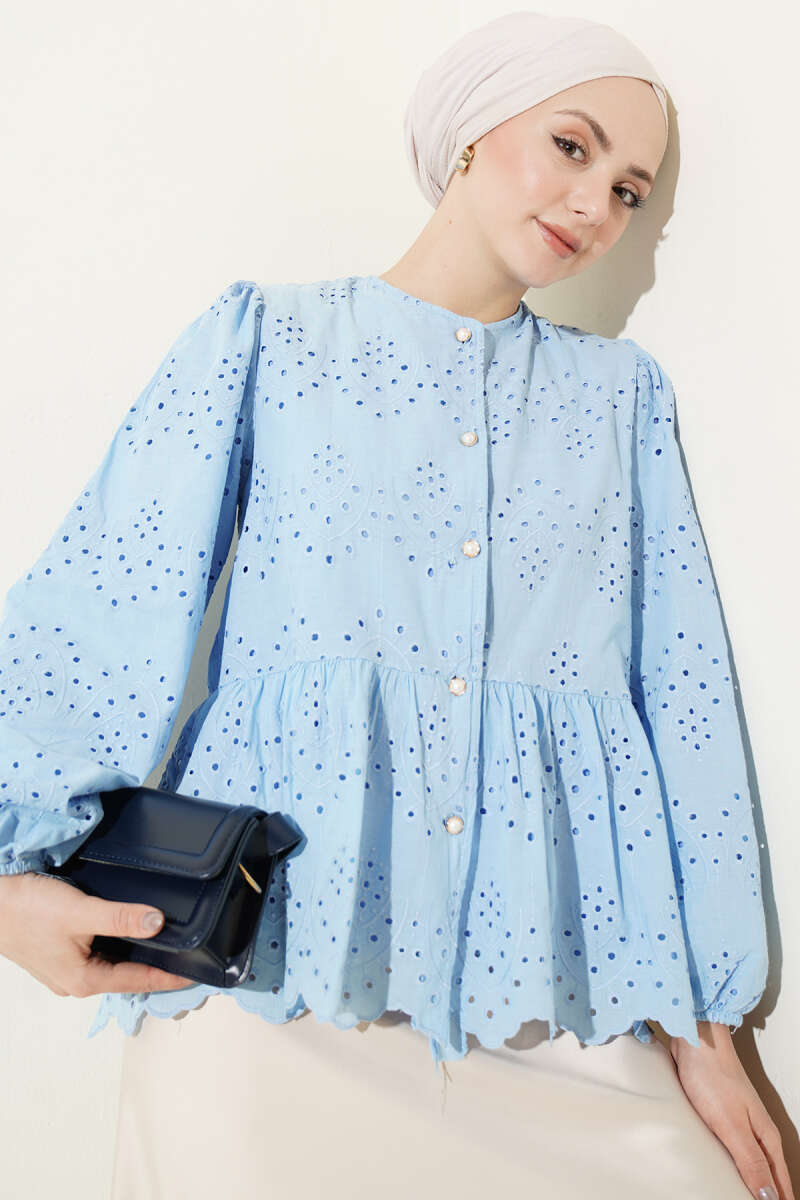 Embroidered Shirt with Rivet Buttons - Blue