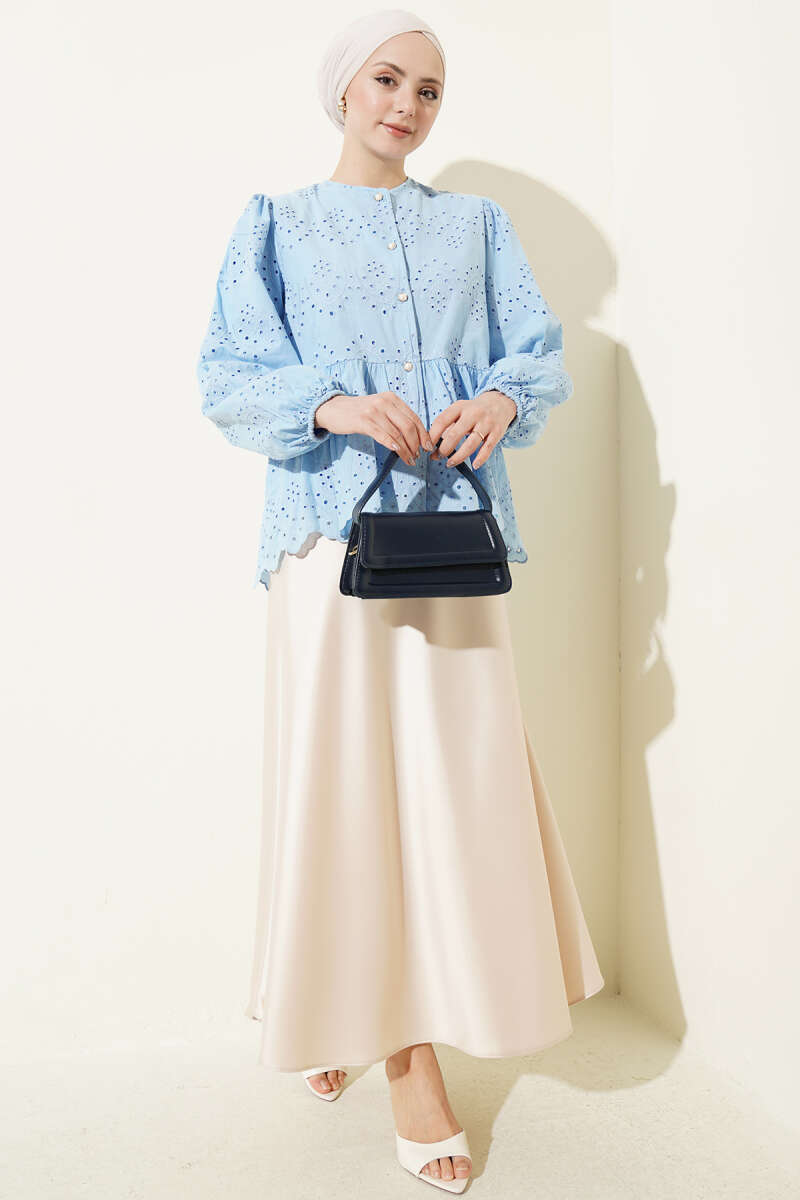 Embroidered Shirt with Rivet Buttons - Blue