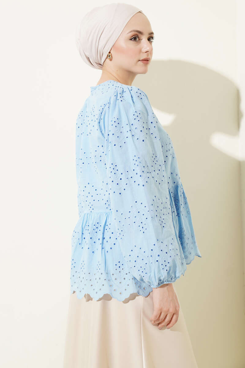 Embroidered Shirt with Rivet Buttons - Blue