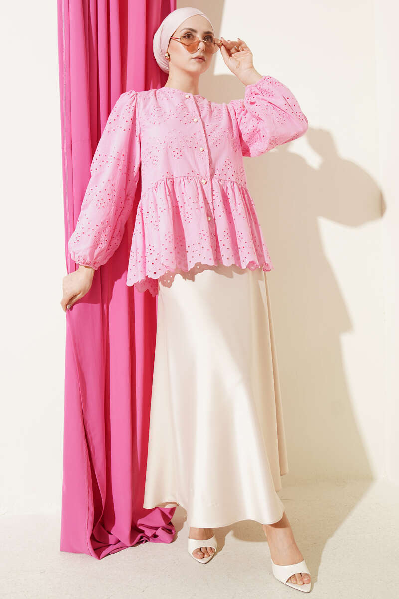 Embroidered Shirt with Rivet Buttons - Pink