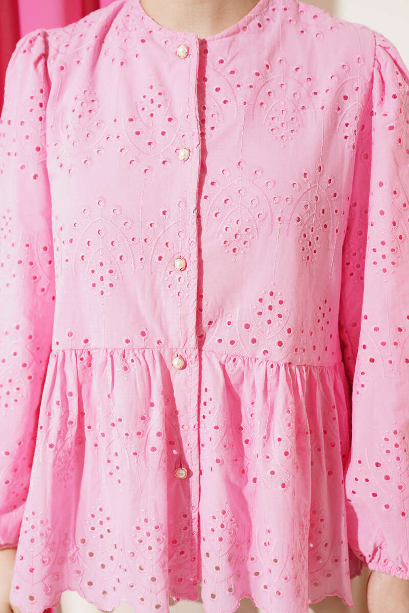 Embroidered Shirt with Rivet Buttons - Pink
