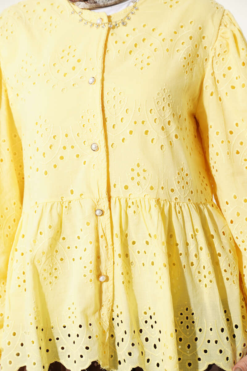 Embroidered Shirt with Rivet Buttons - Yellow