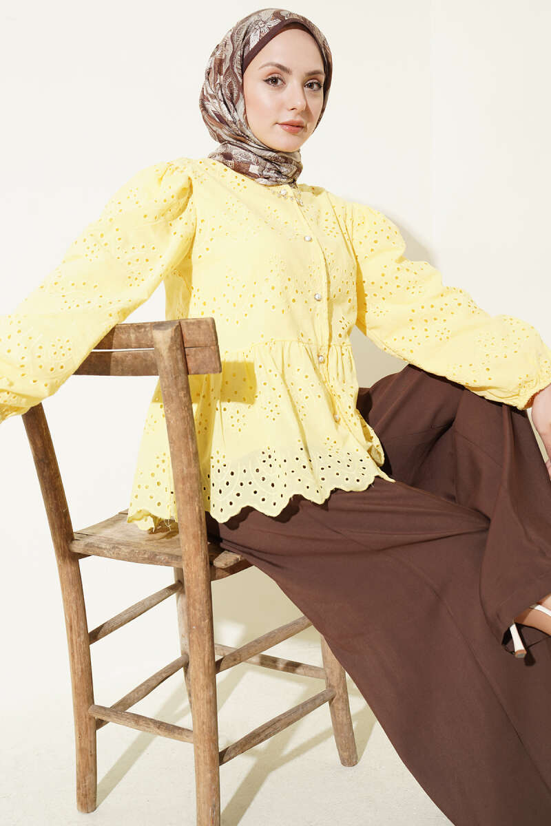 Embroidered Shirt with Rivet Buttons - Yellow