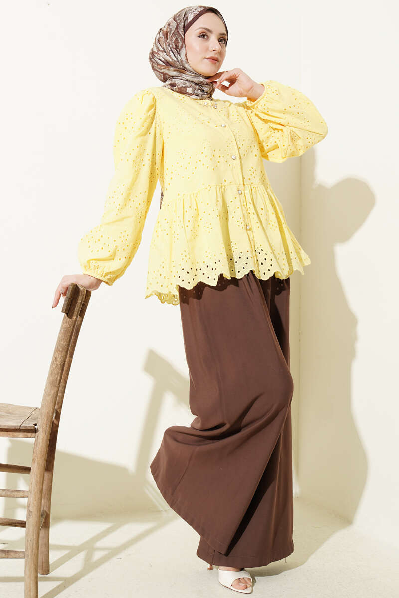 Embroidered Shirt with Rivet Buttons - Yellow