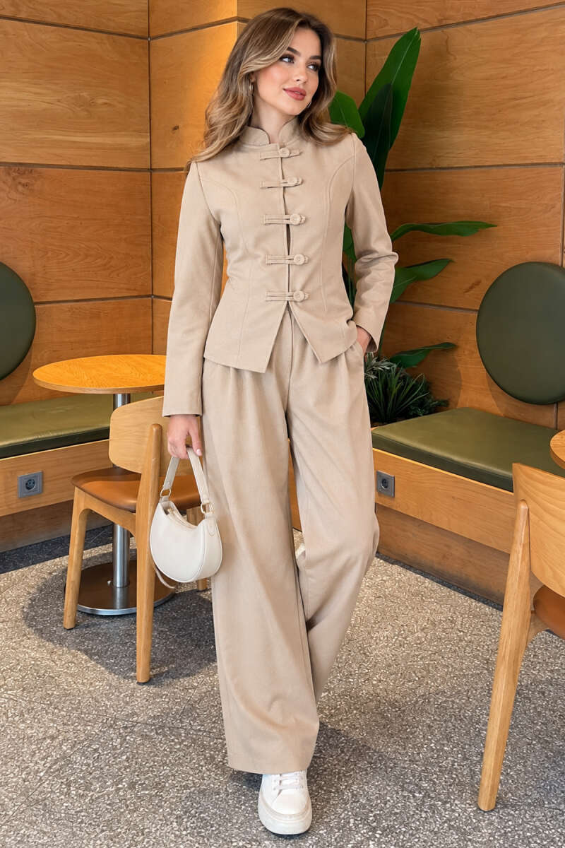 Two-Piece Jacket Set with Rivet Buttons - Beige