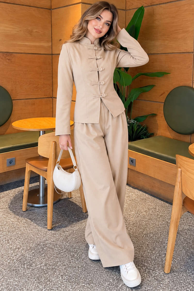 Two-Piece Jacket Set with Rivet Buttons - Beige
