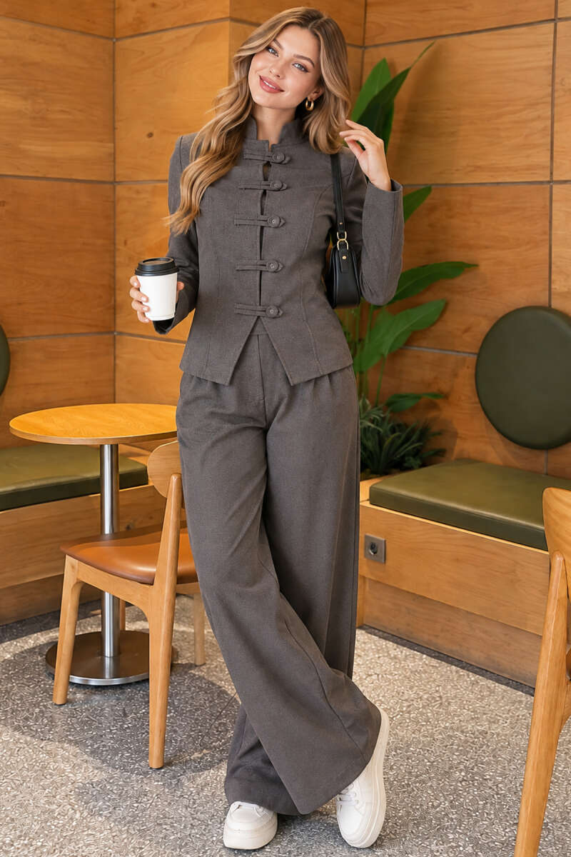 Two-Piece Jacket Set with Rivet Buttons - Smoke Grey