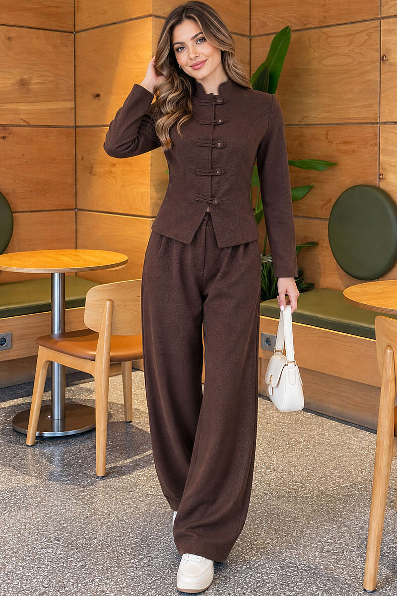 Two-Piece Jacket Set with Rivet Buttons - Brown