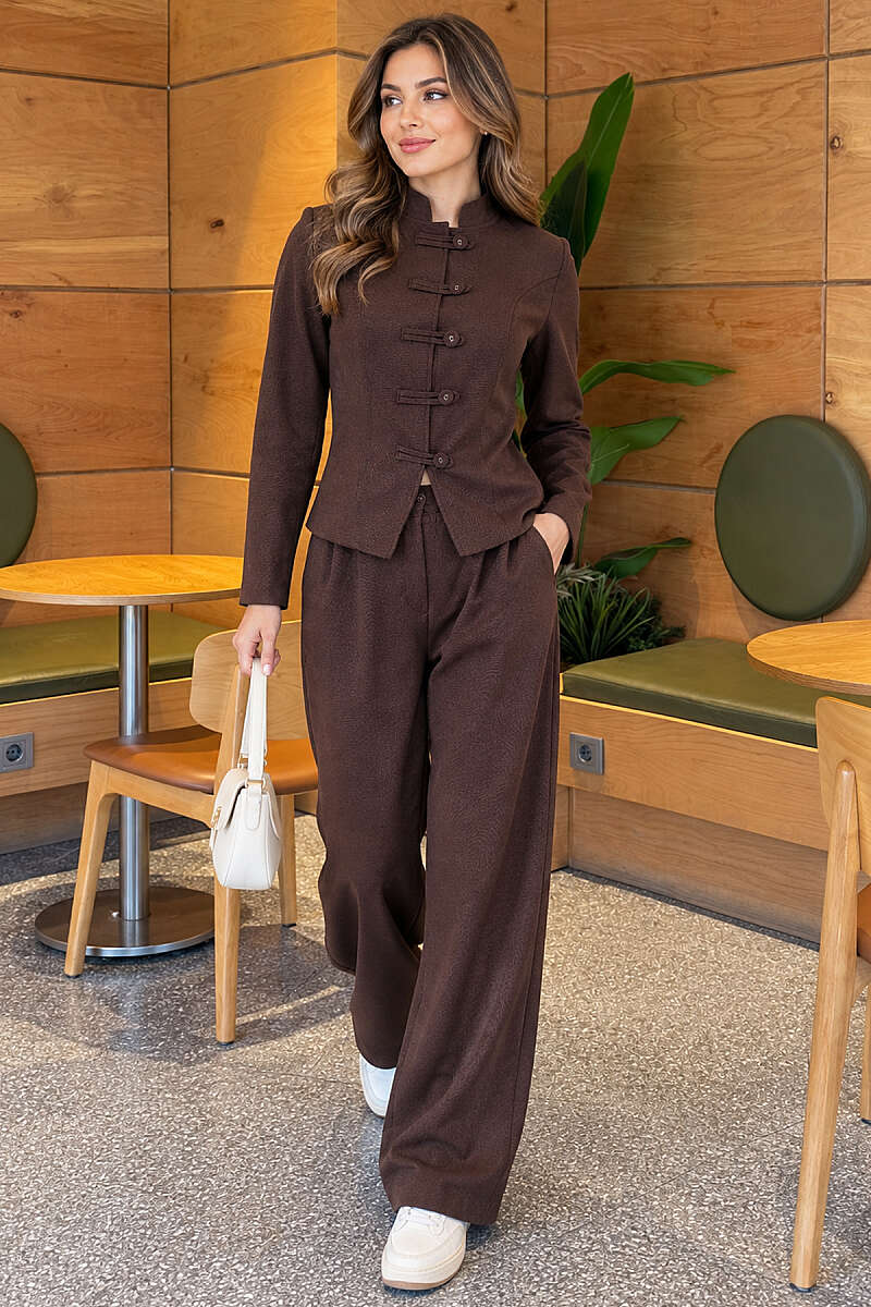 Two-Piece Jacket Set with Rivet Buttons - Brown