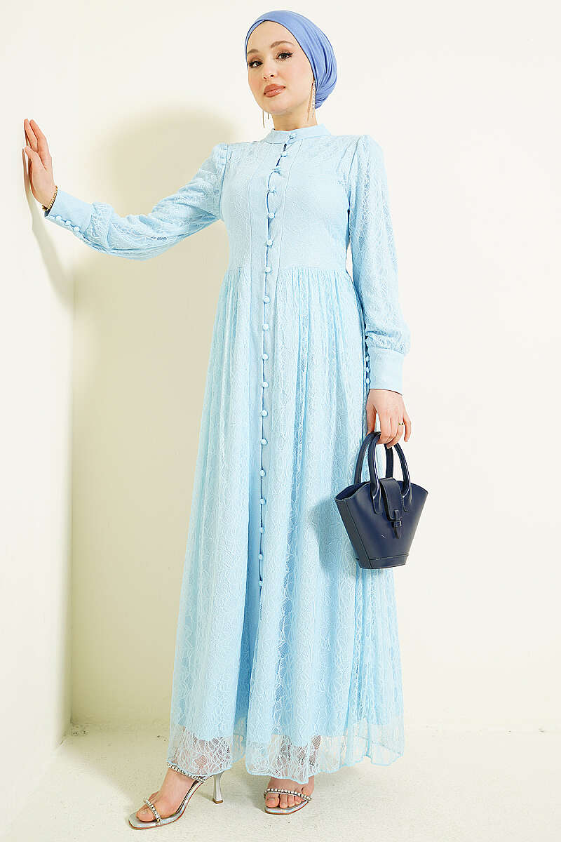 Lace Evening Dress with Rivet Buttons - Light Blue