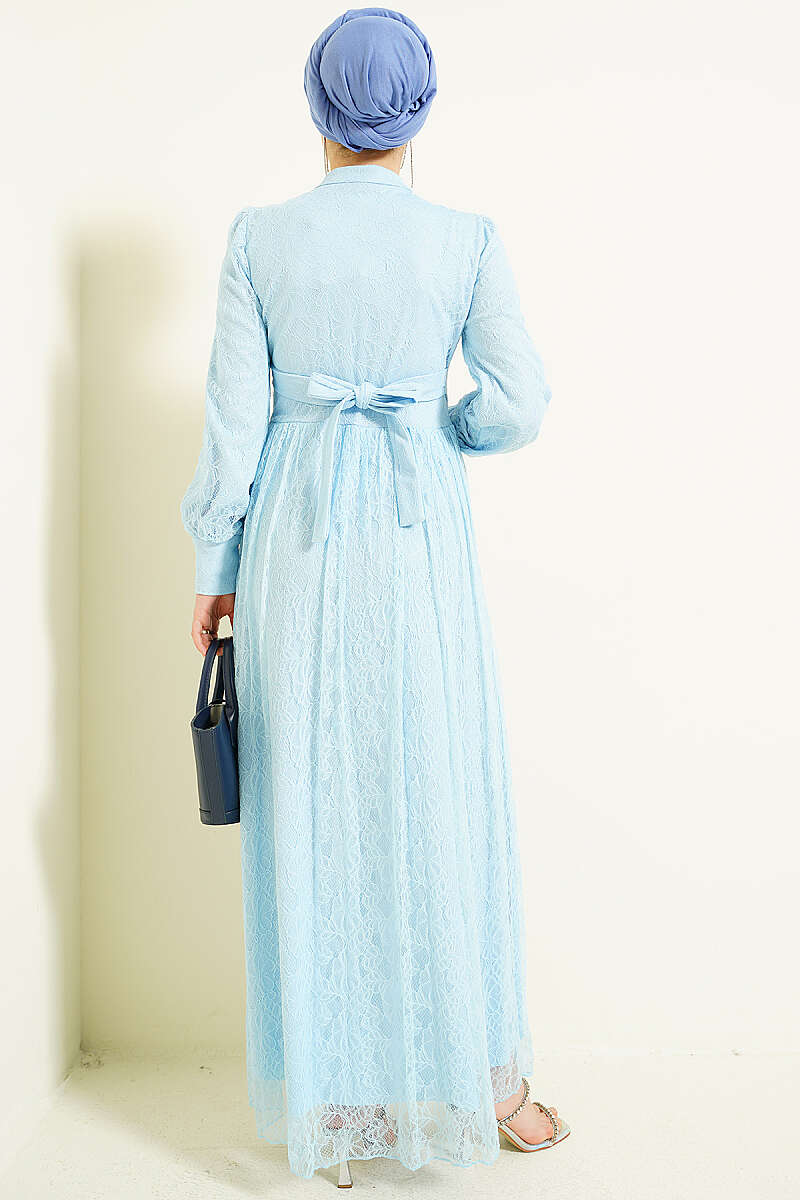 Lace Evening Dress with Rivet Buttons - Light Blue
