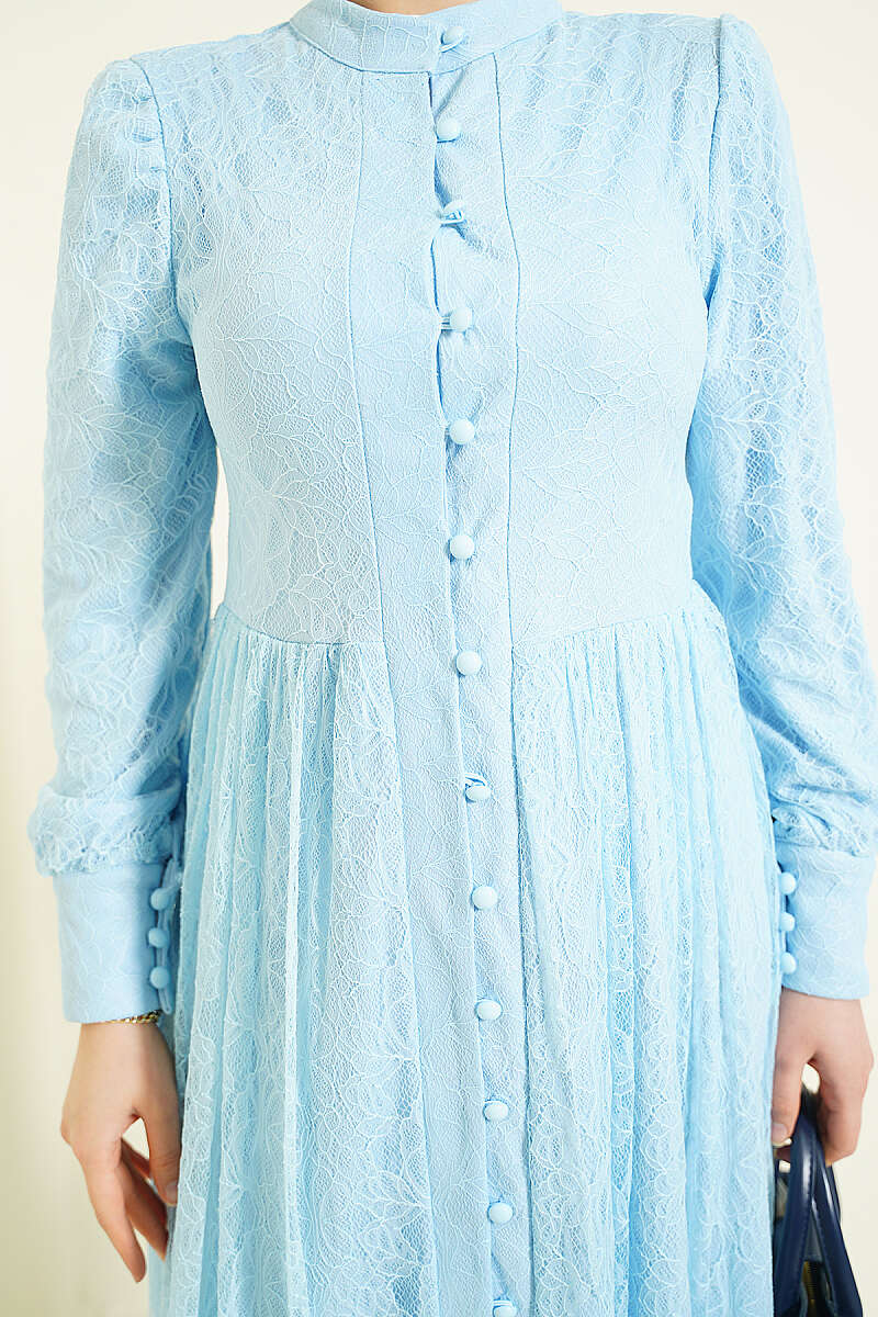 Lace Evening Dress with Rivet Buttons - Light Blue