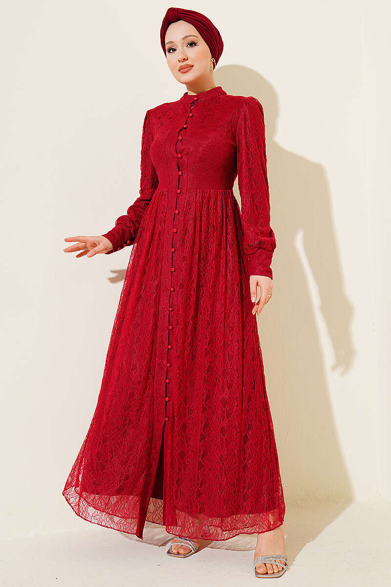 Lace Evening Dress with Rivet Buttons - Burgundy