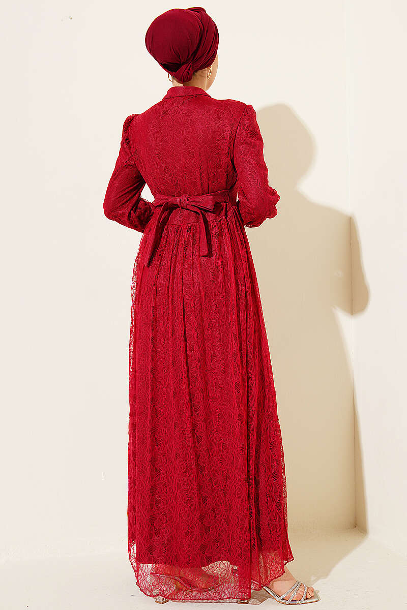 Lace Evening Dress with Rivet Buttons - Burgundy