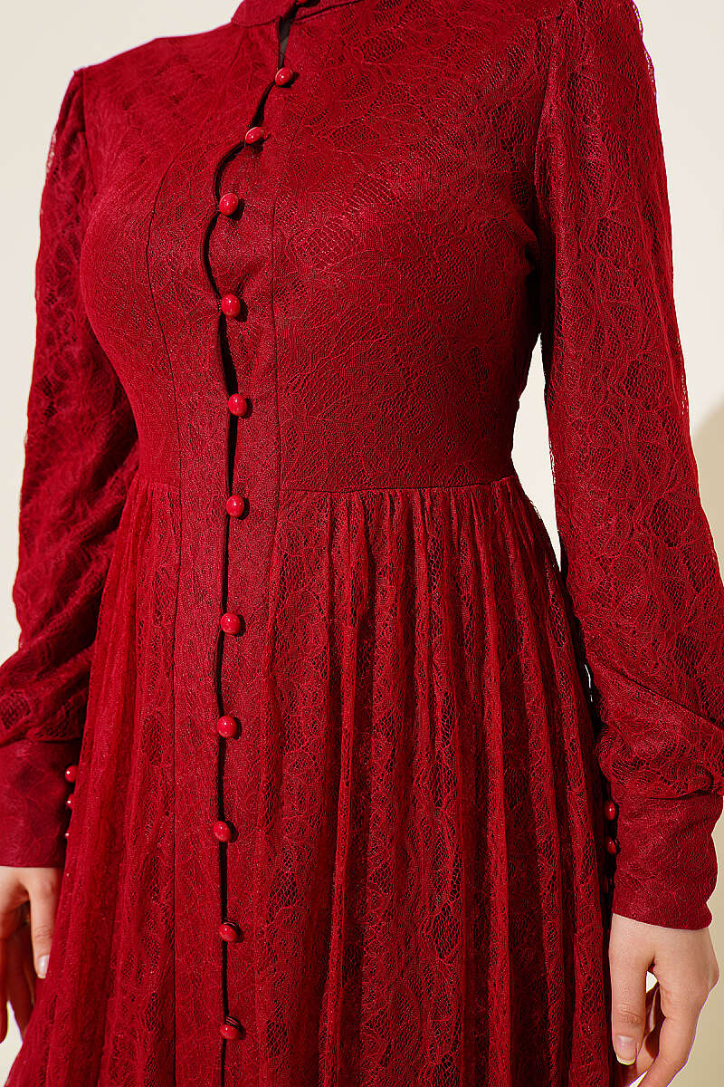 Lace Evening Dress with Rivet Buttons - Burgundy