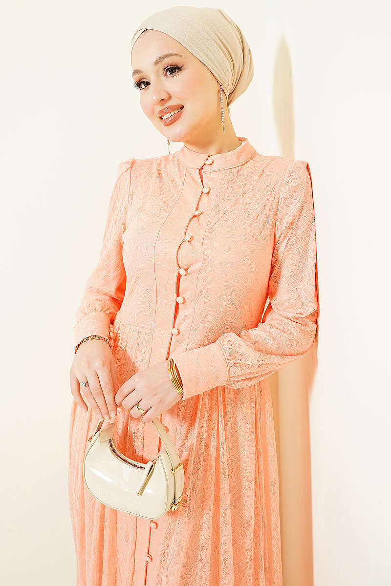 Lace Evening Dress with Rivet Buttons - Peach