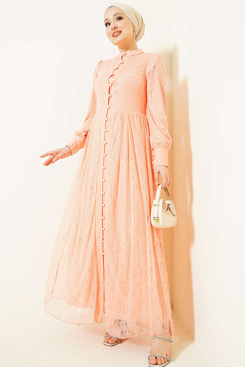 Lace Evening Dress with Rivet Buttons - Peach