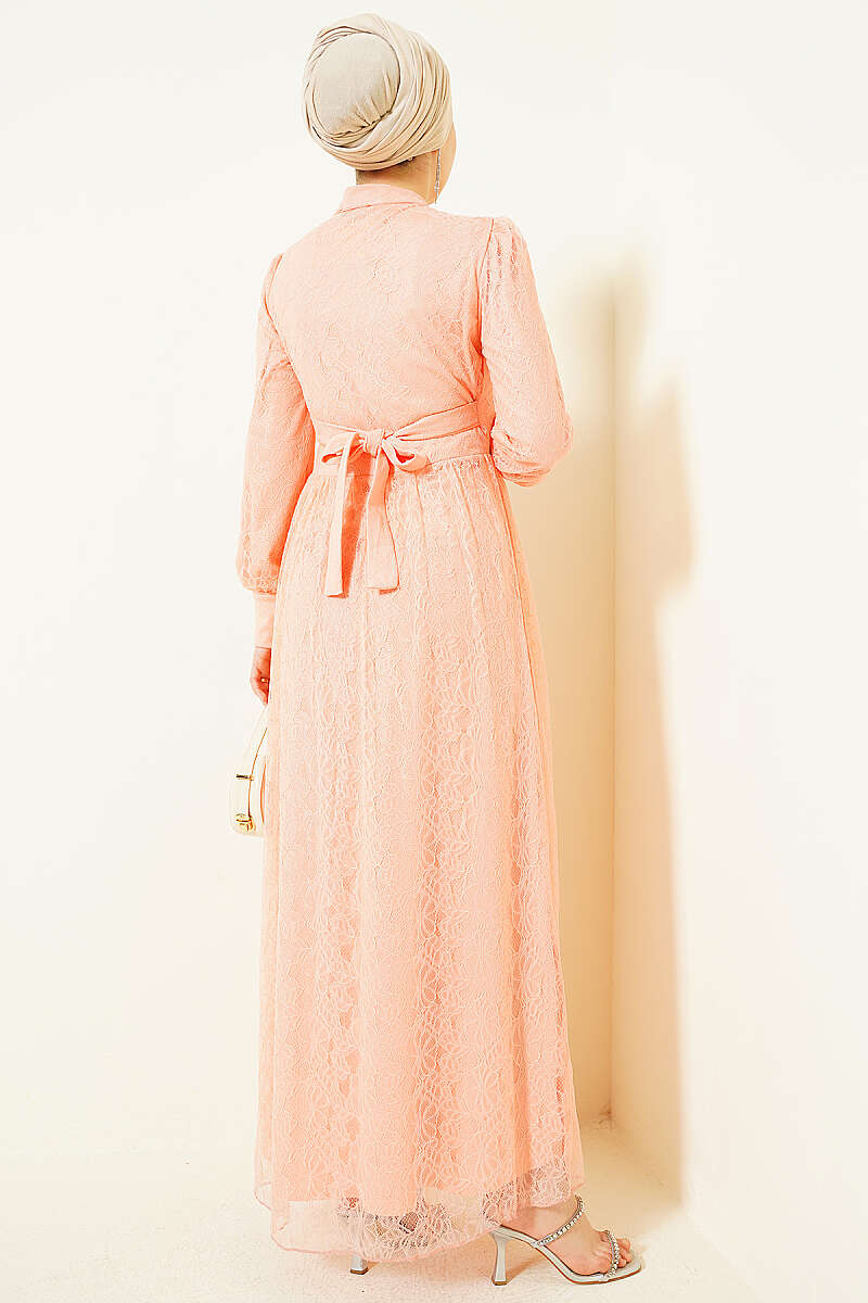 Lace Evening Dress with Rivet Buttons - Peach
