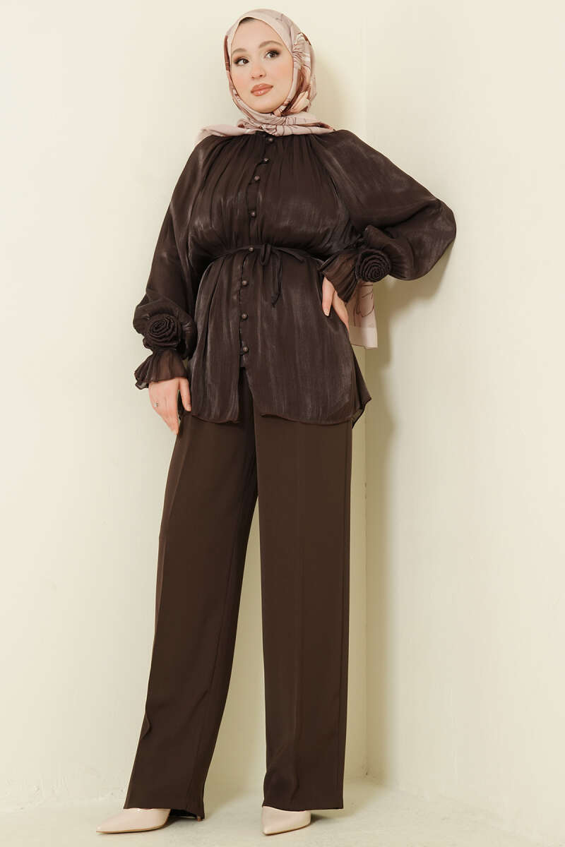 Rose-Detail Evening Shirt with Rivet Buttons - Dark Brown