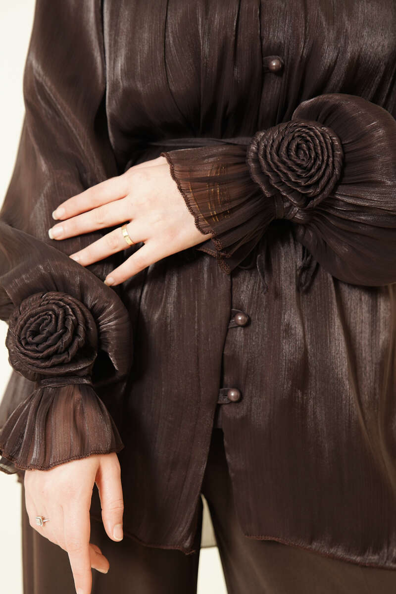 Rose-Detail Evening Shirt with Rivet Buttons - Dark Brown