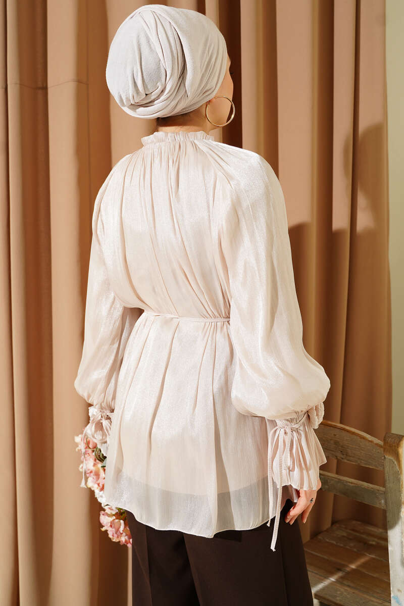 Rose-Detail Evening Shirt with Rivet Buttons - Beige