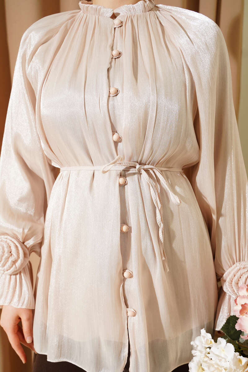 Rose-Detail Evening Shirt with Rivet Buttons - Beige