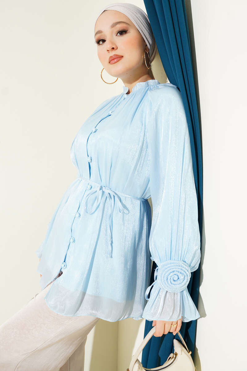 Rose-Detail Evening Shirt with Rivet Buttons - Ice Blue