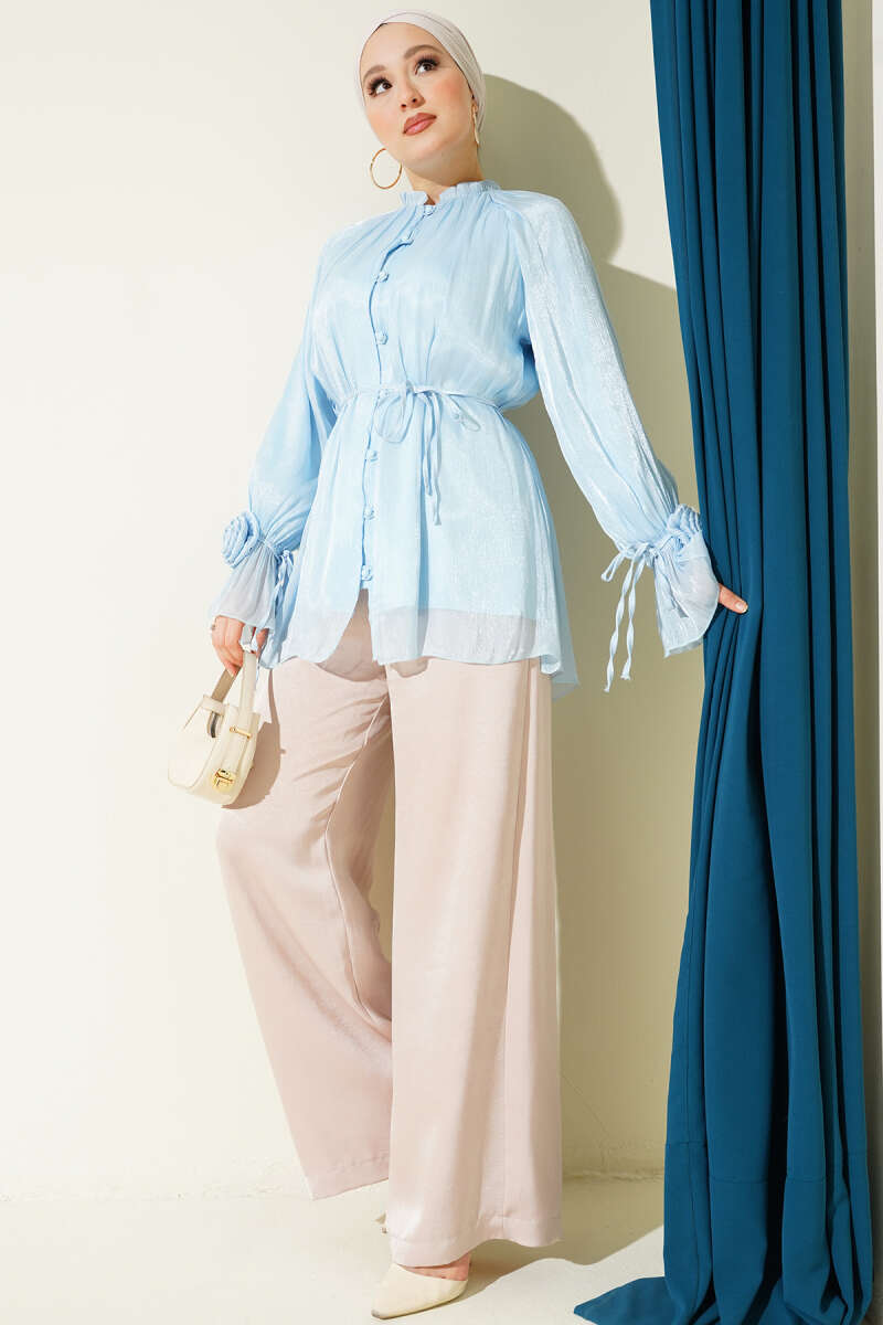 Rose-Detail Evening Shirt with Rivet Buttons - Ice Blue