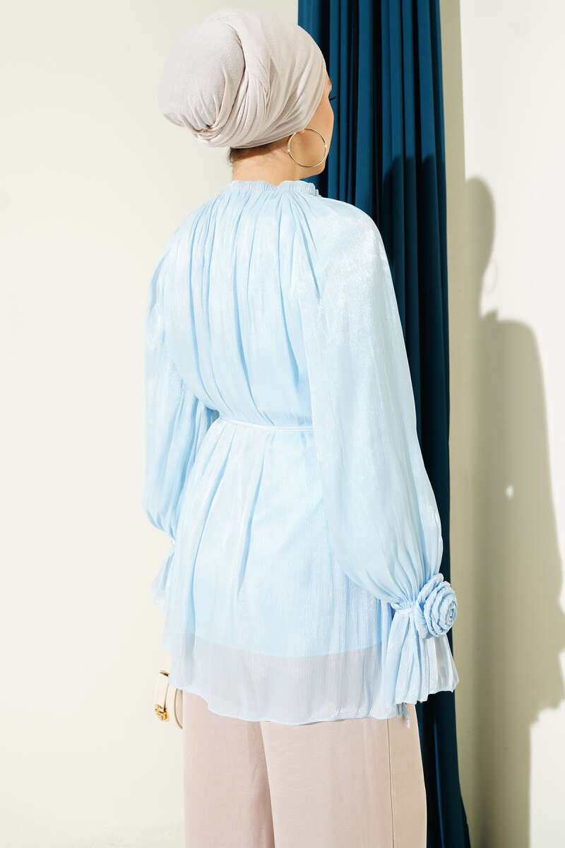 Rose-Detail Evening Shirt with Rivet Buttons - Ice Blue