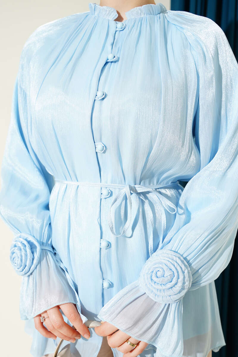 Rose-Detail Evening Shirt with Rivet Buttons - Ice Blue