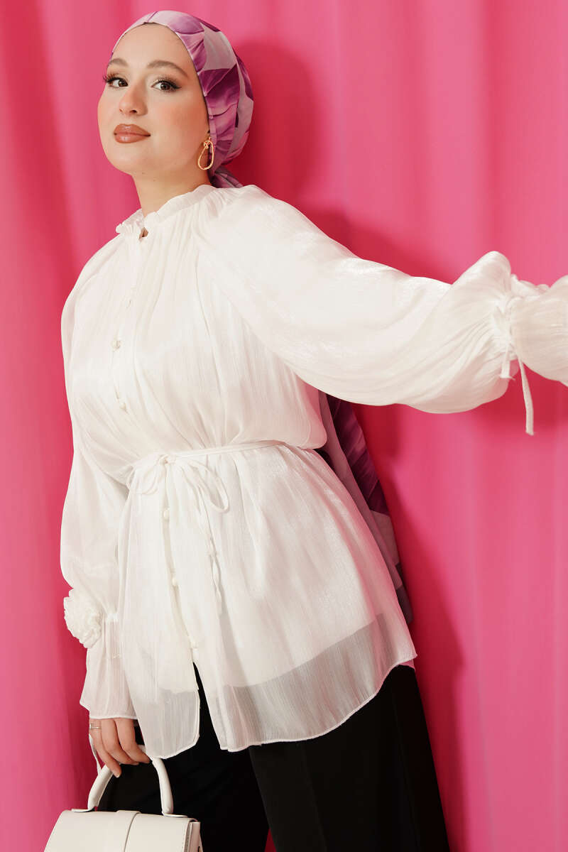Rose-Detail Evening Shirt with Rivet Buttons - Ecru