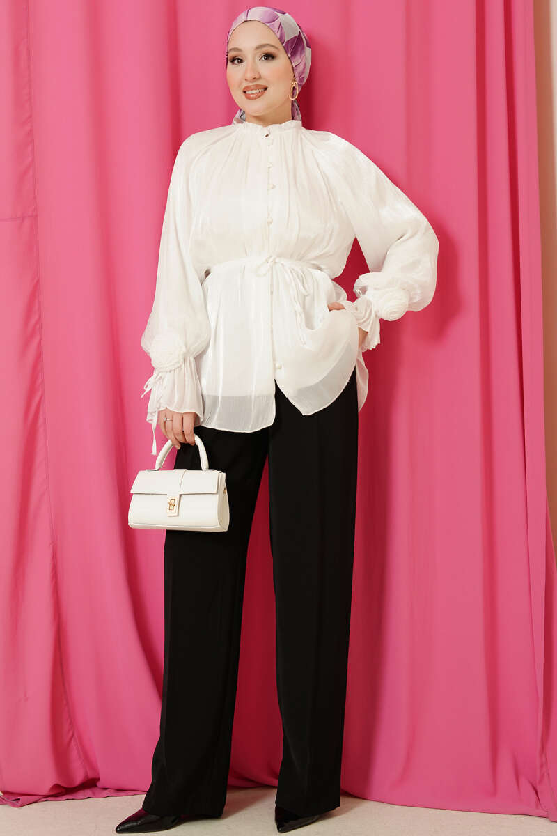 Rose-Detail Evening Shirt with Rivet Buttons - Ecru