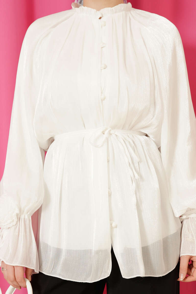 Rose-Detail Evening Shirt with Rivet Buttons - Ecru