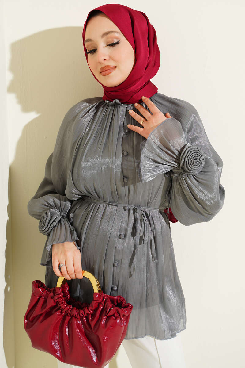 Rose-Detail Evening Shirt with Rivet Buttons - Smoke Grey