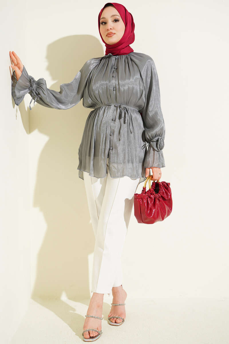 Rose-Detail Evening Shirt with Rivet Buttons - Smoke Grey