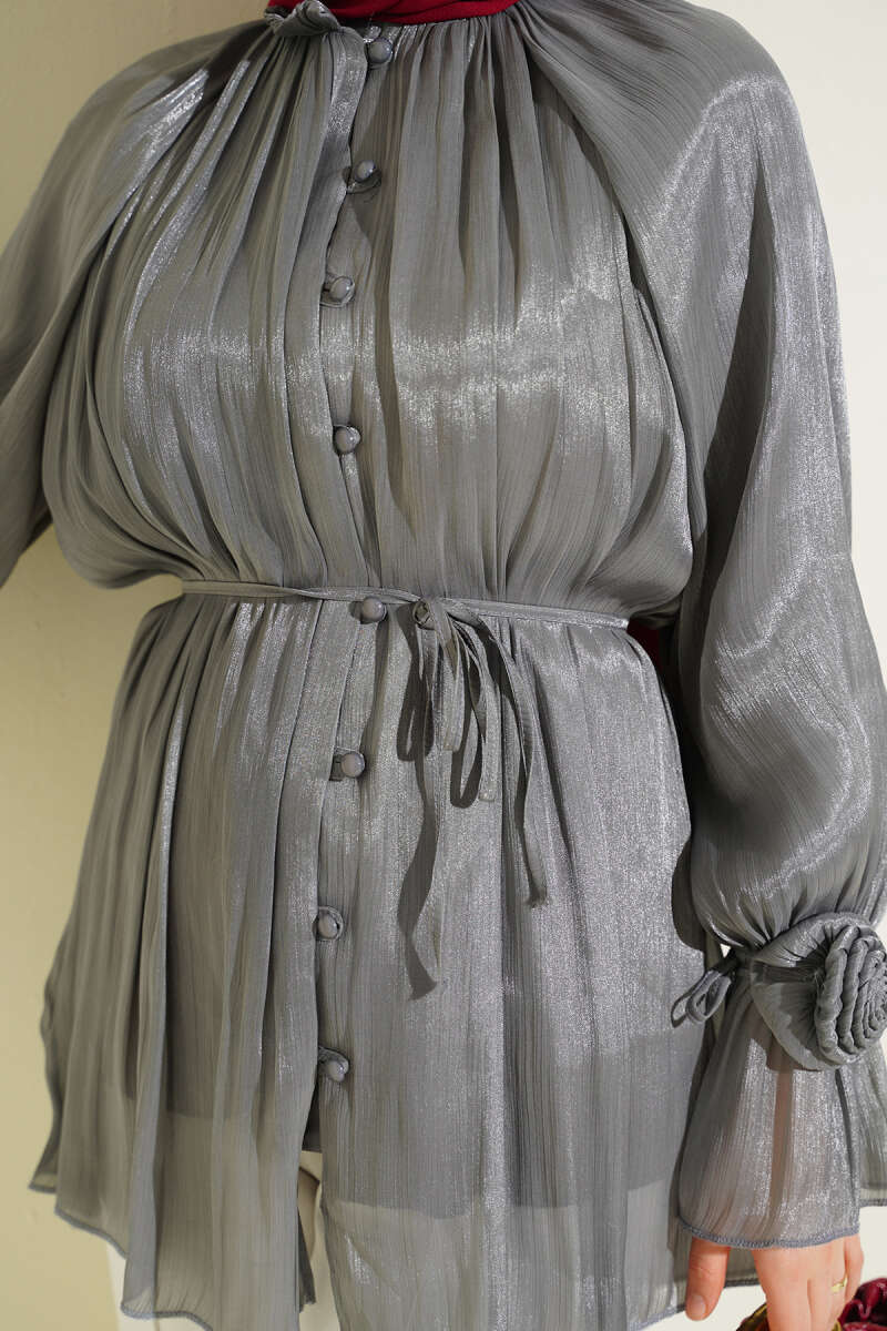 Rose-Detail Evening Shirt with Rivet Buttons - Smoke Grey