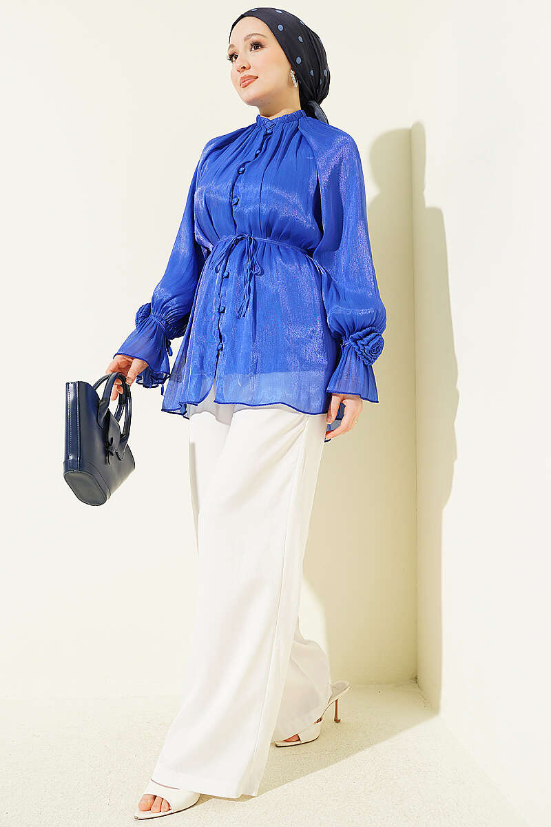Rose-Detail Evening Shirt with Rivet Buttons - Saxe Blue