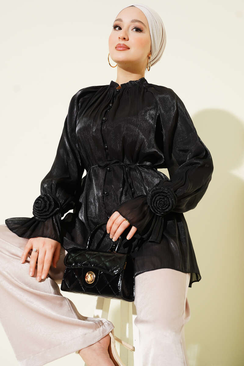 Rose-Detail Evening Shirt with Rivet Buttons - Black